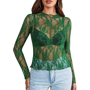 Avidlove Women’s Mesh Top Long Sleeve Mock Neck Sheer Blouse See Through Floral Lace Tops(Green)