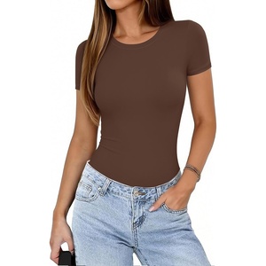 Avidlove Women’s Short Sleeve Bodysuit Crew Neck Thong Body Suits Basic T-shirts Body Suit Going Out Top Outfits(Brown)