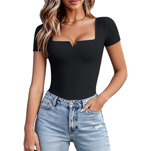 Avidlove Women’s Short Sleeve Bodysuit Square Neck Body Suits One Piece T Shirt Summer Going Out Tops Date Outfits(Black)