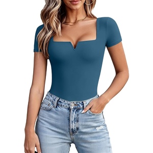 Avidlove Women’s Short Sleeve Bodysuit Square Neck Body Suits One Piece T Shirt Summer Going Out Tops Date Outfits(Blue Green)