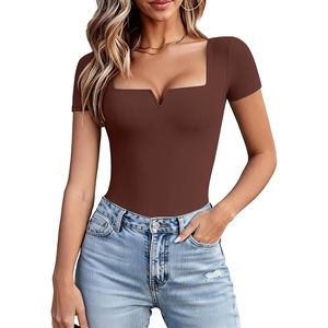Avidlove Women’s Short Sleeve Bodysuit Square Neck Body Suits One Piece T Shirt Summer Going Out Tops Date Outfits(Brown)