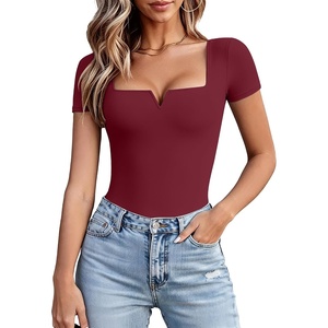 Avidlove Women’s Short Sleeve Bodysuit Square Neck Body Suits One Piece T Shirt Summer Going Out Tops Date Outfits(Burgundy)