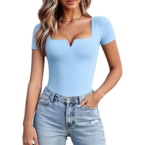 Avidlove Women’s Short Sleeve Bodysuit Square Neck Body Suits One Piece T Shirt Summer Going Out Tops Date Outfits(Light Blue)