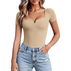 Avidlove Women’s Short Sleeve Bodysuit Square Neck Body Suits One Piece T Shirt Summer Going Out Tops Date Outfits(Nude)