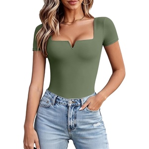Avidlove Women’s Short Sleeve Bodysuit Square Neck Body Suits One Piece T Shirt Summer Going Out Tops Date Outfits(Olive)