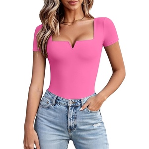 Avidlove Women’s Short Sleeve Bodysuit Square Neck Body Suits One Piece T Shirt Summer Going Out Tops Date Outfits(Pink)