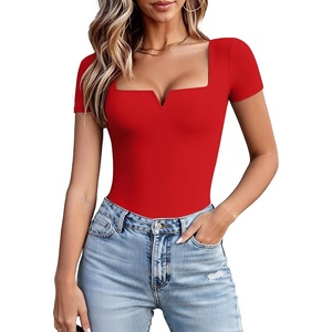 Avidlove Women’s Short Sleeve Bodysuit Square Neck Body Suits One Piece T Shirt Summer Going Out Tops Date Outfits(Red)