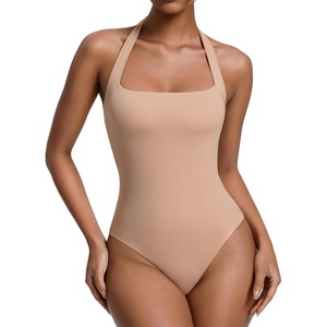 Avidlove Womens Square Neck Halter Bodysuit Sleeveless Double Lined Body Suits Going Out Tops Thong Bodysuit(Beige)