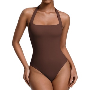 Avidlove Womens Square Neck Halter Bodysuit Sleeveless Double Lined Body Suits Going Out Tops Thong Bodysuit(Brown)