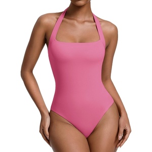 Avidlove Womens Square Neck Halter Bodysuit Sleeveless Double Lined Body Suits Going Out Tops Thong Bodysuit(Pink)