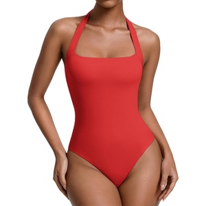 Avidlove Womens Square Neck Halter Bodysuit Sleeveless Double Lined Body Suits Going Out Tops Thong Bodysuit(Red)