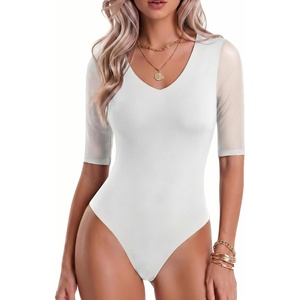 Avidlove Women’s V Neck Half 3/4 Sleeves Sexy Bodysuit Going Out Tops | Slim Fitted Seamless Thong Sexy Mesh Sleeves Body Suit Trendy Outfits 2026(White)