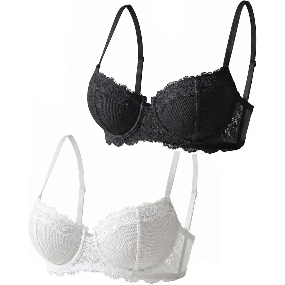 image:imageAvidlove Lace Balconette Womens Sexy Bra Mesh Underwire Everyday Bra Unlined LingerieBlackwhite