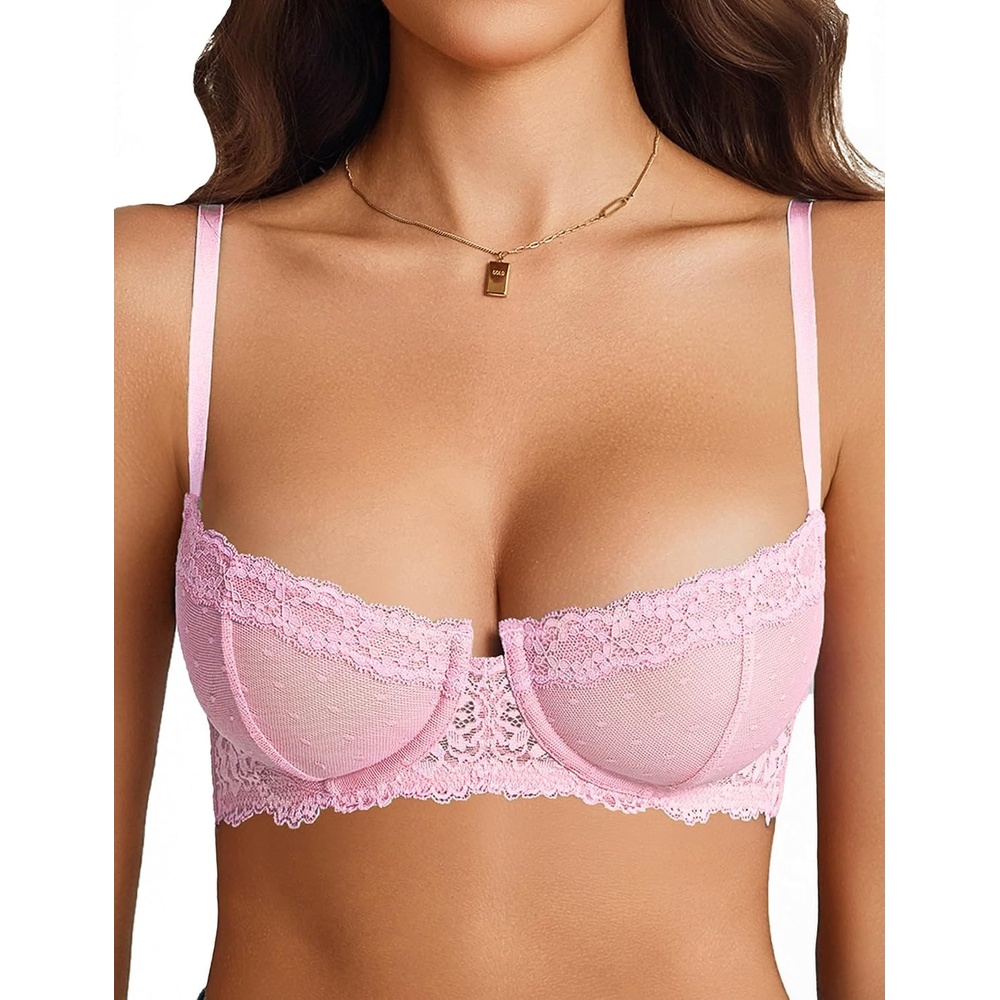 image:imageAvidlove Lace Balconette Womens Sexy Bra Mesh Underwire Everyday Bra Unlined LingeriePink
