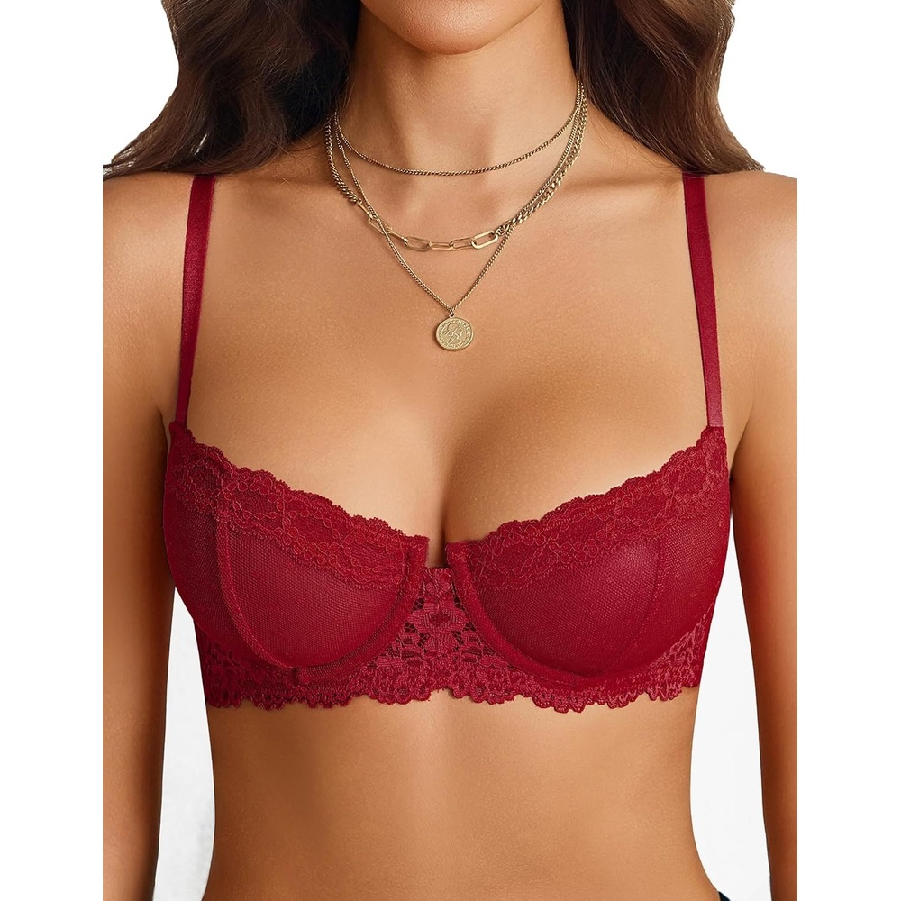 image:imageAvidlove Lace Balconette Womens Sexy Bra Mesh Underwire Everyday Bra Unlined LingerieWine Red