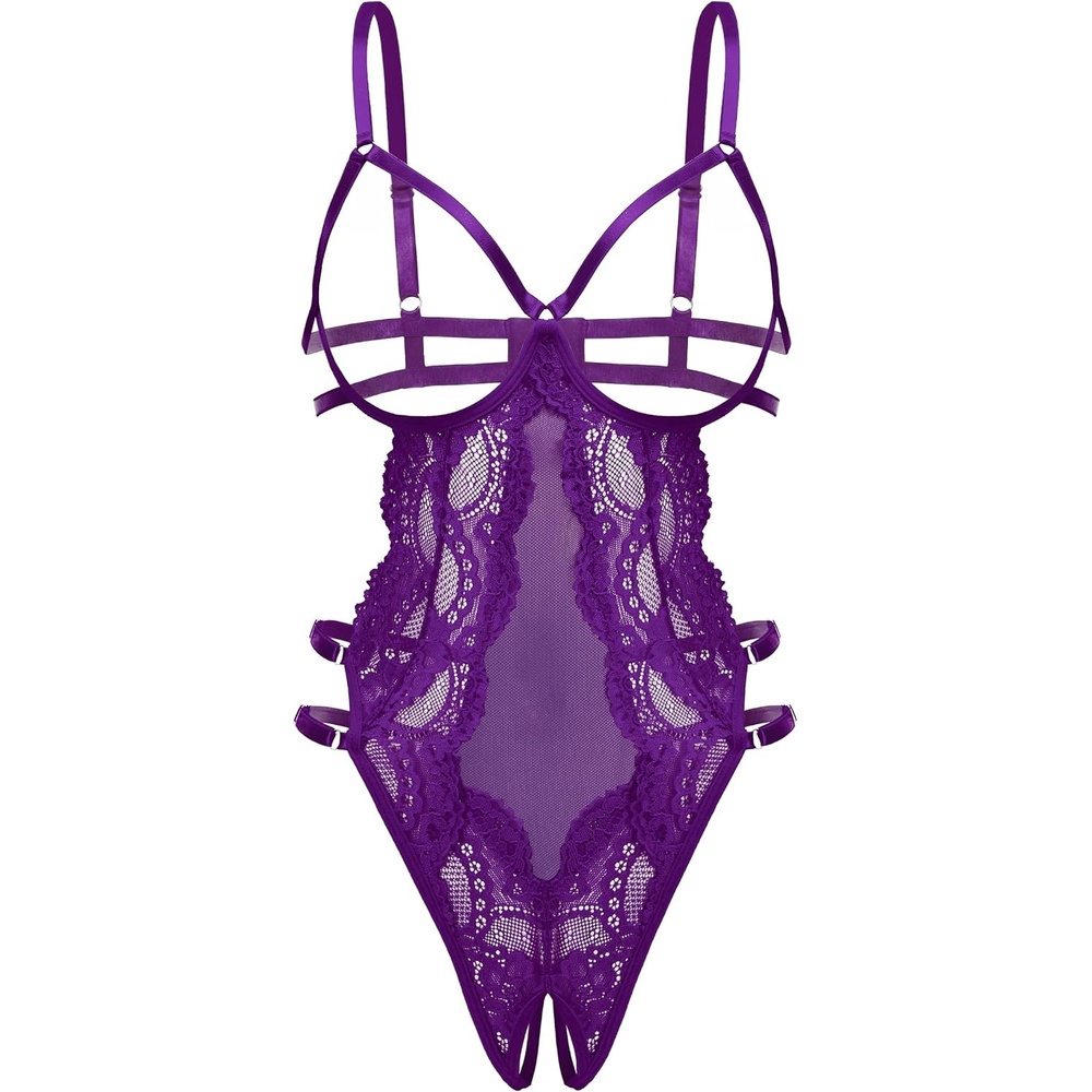 image:imageAvidlove Lace Lingerie for Women Strappy Cut Out Sexy Teddy Bodysuit  One Piece Outfits Adjustable Strap Mesh Teardrop Front Thong Bottom for Special Night Valentines DayPurple