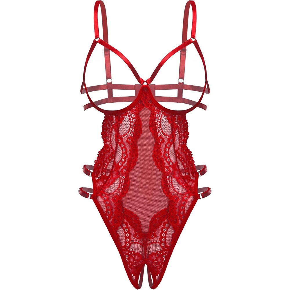 image:imageAvidlove Lace Lingerie for Women Strappy Cut Out Sexy Teddy Bodysuit  One Piece Outfits Adjustable Strap Mesh Teardrop Front Thong Bottom for Special Night Valentines DayWine Red