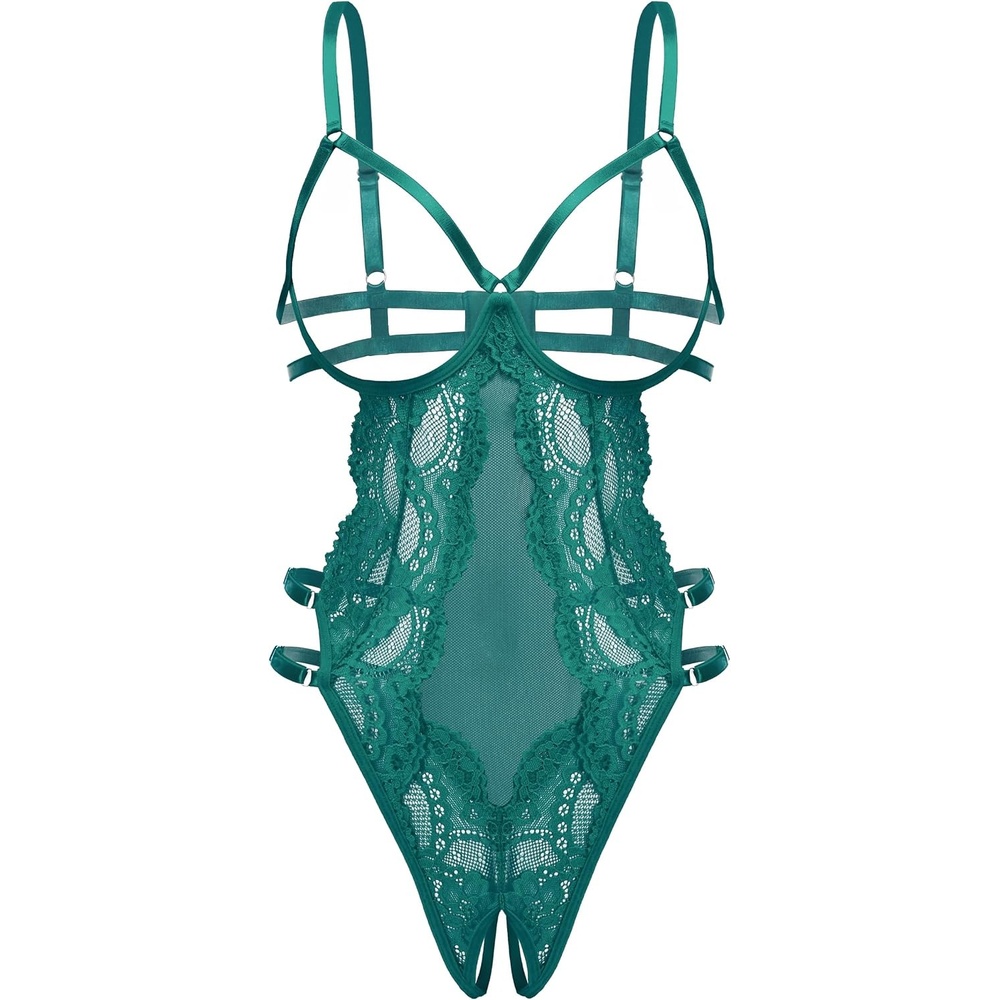 image:imageAvidlove Lace Lingerie for Women Strappy Cut Out Sexy Teddy Bodysuit  One Piece Outfits Adjustable Strap Mesh Teardrop Front Thong Bottom for Special Night Valentines DayBlue Green
