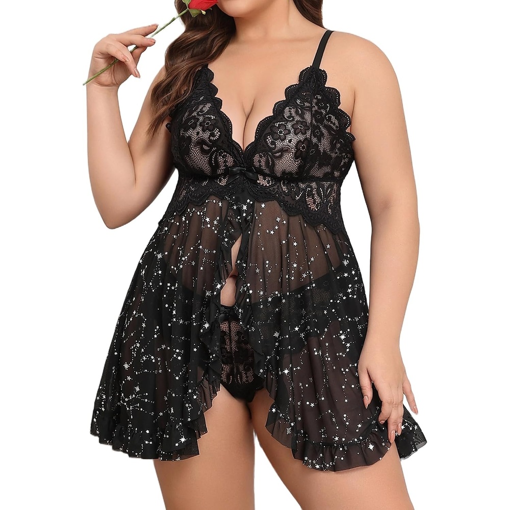 image:imageAvidlove Plus Size Lingerie for Women Sexy Open Front Lace Babydoll Dress  VNeck SleepwearSheer Mesh Lingerie DressNightgown Thong 2 PieceChemise Strap NightdressWedding for BrideValentines DayStar Print