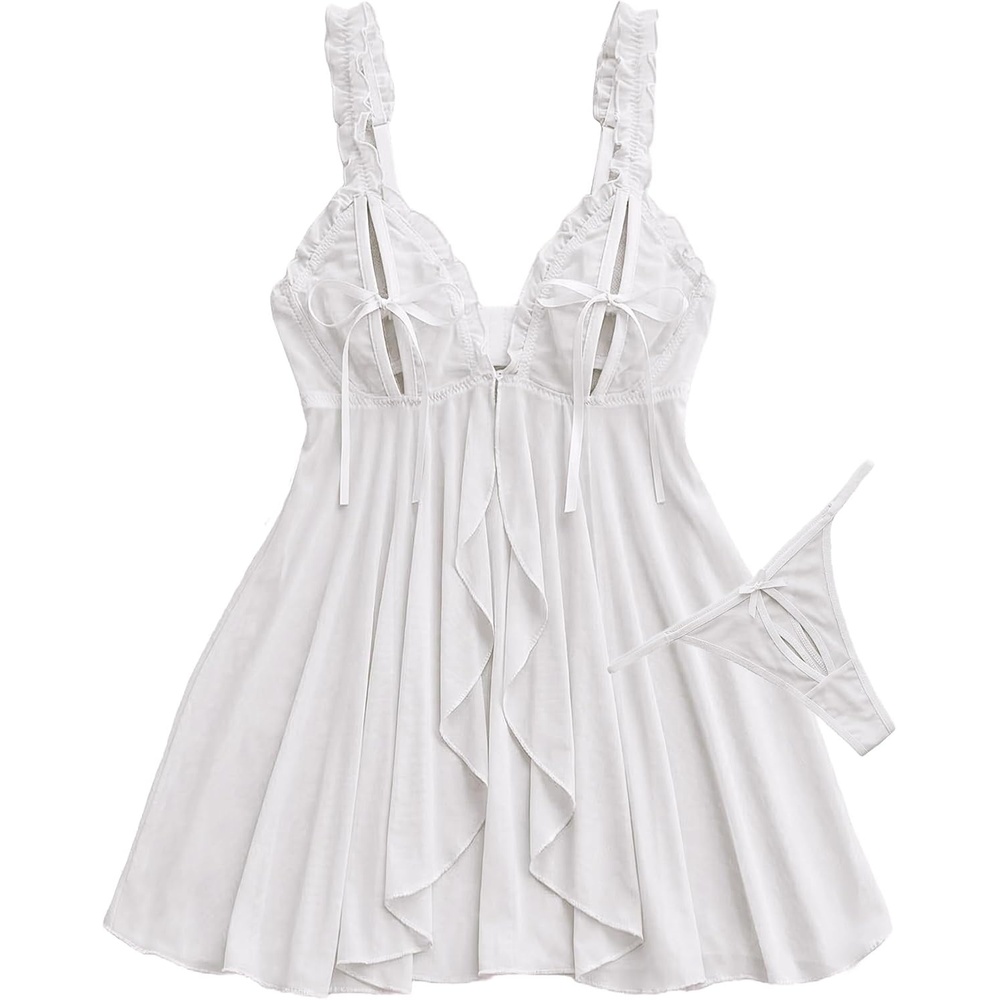 image:imageAvidlove Sexy Open Front Lingerie for Women Sheer Mesh Babydoll Dress Ruffle Cut Out Chemise Nightgown with ThongWhite