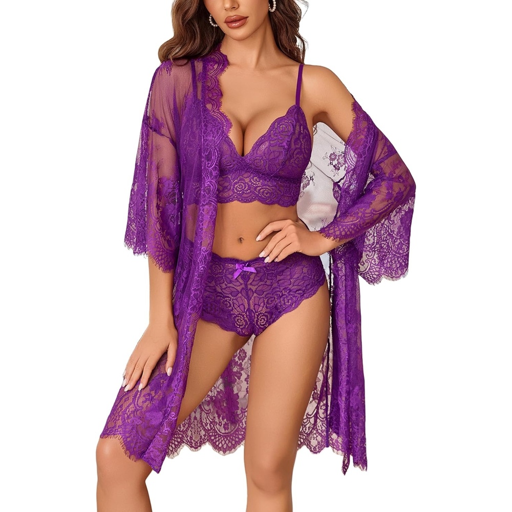 image:imageAvidlove Women 3 Piece Lingerie Set Lace Robe Bra Panty Mesh Sleepwear  Sexy 3Piece Lace Sheer Lingerie Set With Kimono RobeBra amp PantiesGreat for HoneymoonWedding Night and Boudoir ShootLavender