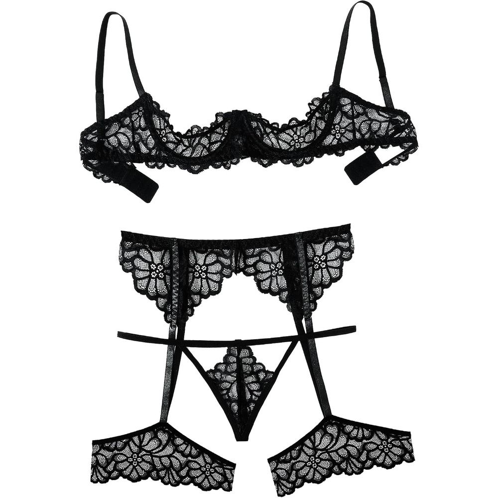 image:imageAvidlove Women Lingerie Sets with Garter Belt 3 Piece Lace Teddy Babydoll  3 Piece Sexy Lace Lingerie Set Includes 14 Cup Underwire Bra Matching Garter Belt ThongPerfect For HoneymoonBlack