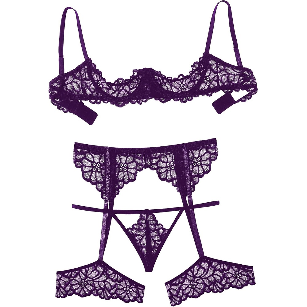 image:imageAvidlove Women Lingerie Sets with Garter Belt 3 Piece Lace Teddy Babydoll  3 Piece Sexy Lace Lingerie Set Includes 14 Cup Underwire Bra Matching Garter Belt ThongPerfect For HoneymoonPurple