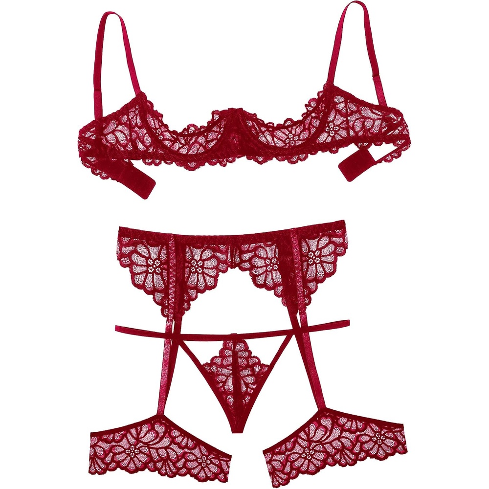 image:imageAvidlove Women Lingerie Sets with Garter Belt 3 Piece Lace Teddy Babydoll  3 Piece Sexy Lace Lingerie Set Includes 14 Cup Underwire Bra Matching Garter Belt ThongPerfect For HoneymoonWine Red