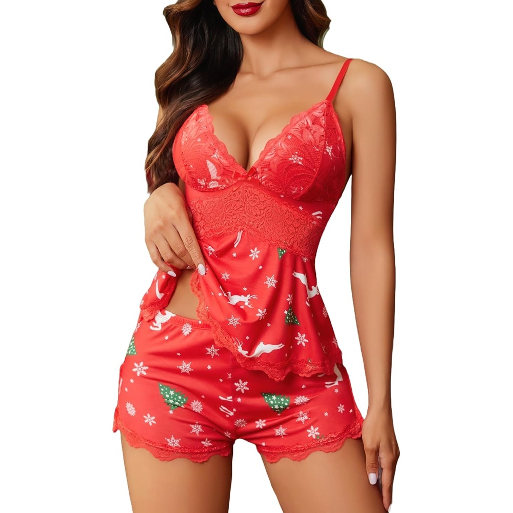 image:imageAvidlove Womens Sweetness Cami Set Lace Camisole Lingerie Nightwear Sexy Pajamas Lounge SetsChristmas Reindeer Red