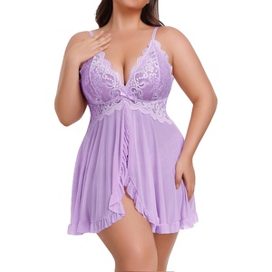Avidlove Plus Size Lingerie for Women Sexy Open Front Lace Babydoll Dress | V-Neck Sleepwear,Sheer Mesh Lingerie Dress,Nightgown Thong 2 Piece,Chemise Strap Nightdress,Wedding for Bride,Valentines Day(Lilac)