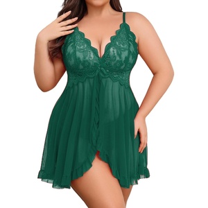 Avidlove Plus Size Lingerie for Women Sexy Open Front Lace Babydoll Dress | V-Neck Sleepwear,Sheer Mesh Lingerie Dress,Nightgown Thong 2 Piece,Chemise Strap Nightdress,Wedding for Bride,Valentines Day(Green)