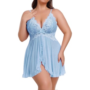 Avidlove Plus Size Lingerie for Women Sexy Open Front Lace Babydoll Dress | V-Neck Sleepwear,Sheer Mesh Lingerie Dress,Nightgown Thong 2 Piece,Chemise Strap Nightdress,Wedding for Bride,Valentines Day(Light Blue)