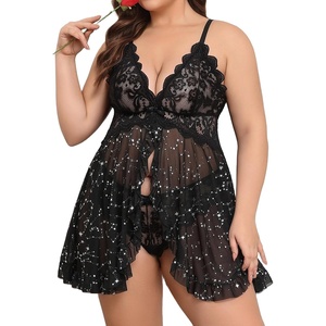 Avidlove Plus Size Lingerie for Women Sexy Open Front Lace Babydoll Dress | V-Neck Sleepwear,Sheer Mesh Lingerie Dress,Nightgown Thong 2 Piece,Chemise Strap Nightdress,Wedding for Bride,Valentines Day(Star Print)
