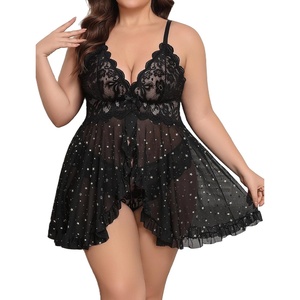 Avidlove Plus Size Lingerie for Women Sexy Open Front Lace Babydoll Dress | V-Neck Sleepwear,Sheer Mesh Lingerie Dress,Nightgown Thong 2 Piece,Chemise Strap Nightdress,Wedding for Bride,Valentines Day(Black Star)