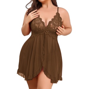 Avidlove Plus Size Lingerie for Women Sexy Open Front Lace Babydoll Dress | V-Neck Sleepwear,Sheer Mesh Lingerie Dress,Nightgown Thong 2 Piece,Chemise Strap Nightdress,Wedding for Bride,Valentines Day(Brown)