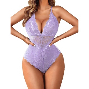 Avidlove Sexy Lingerie for Women Lace Bodysuit One Piece Teddy XS-4XL | Deep V Neck, Snap Closure, Sheer Illusion Waist, Scalloped Trim, Adjustable Criss Cross Straps, Perfect For Hot Nights(Lilac-(with Snap Crotch))