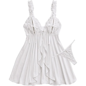 Avidlove Sexy Open Front Lingerie for Women Sheer Mesh Babydoll Dress Ruffle Cut Out Chemise Nightgown with Thong(White)