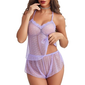 Avidlove Sexy Women Lace Pajamas Lingerie Set Sheer Cami Shorts Set | Sexy Mesh, Lace Trim, Halter Tie Closure,Sheer Polka Dots, Elastic, Couple Night, Wedding for Bride,Valentines Day(Lilac)