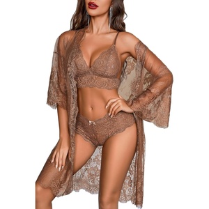 Avidlove Women 3 Piece Lingerie Set Lace Robe Bra Panty Mesh Sleepwear | Sexy 3-Piece Lace Sheer Lingerie Set With Kimono Robe,Bra & Panties.Great for Honeymoon,Wedding Night and Boudoir Shoot(Beige)