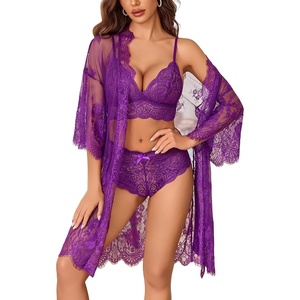 Avidlove Women 3 Piece Lingerie Set Lace Robe Bra Panty Mesh Sleepwear | Sexy 3-Piece Lace Sheer Lingerie Set With Kimono Robe,Bra & Panties.Great for Honeymoon,Wedding Night and Boudoir Shoot(Lavender)