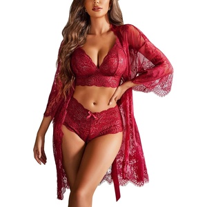 Avidlove Women 3 Piece Lingerie Set Lace Robe Bra Panty Mesh Sleepwear | Sexy 3-Piece Lace Sheer Lingerie Set With Kimono Robe,Bra & Panties.Great for Honeymoon,Wedding Night and Boudoir Shoot(Wine Red)