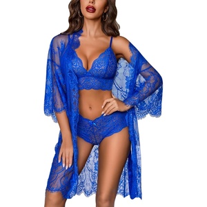 Avidlove Women 3 Piece Lingerie Set Lace Robe Bra Panty Mesh Sleepwear | Sexy 3-Piece Lace Sheer Lingerie Set With Kimono Robe,Bra & Panties.Great for Honeymoon,Wedding Night and Boudoir Shoot(Blue)