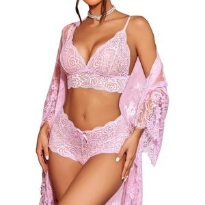 Avidlove Women 3 Piece Lingerie Set Lace Robe Bra Panty Mesh Sleepwear | Sexy 3-Piece Lace Sheer Lingerie Set With Kimono Robe,Bra & Panties.Great for Honeymoon,Wedding Night and Boudoir Shoot(Dark Pink)