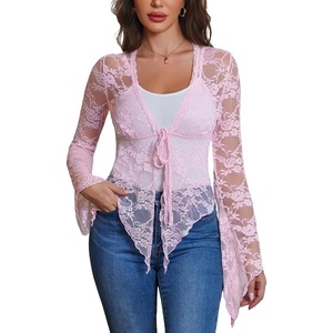Avidlove Women Lace Sheer Shrugs Tie Front Short Cardigan Sexy Y2k Top | Long Sleeve Bolero for Evening Dressy, Dress Cover Up Formal, Bell Sleeve Lace Tops, Elegant Shawl(Pink)