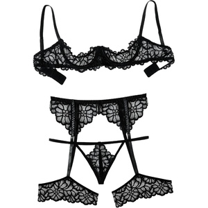 Avidlove Women Lingerie Sets with Garter Belt 3 Piece Lace Teddy Babydoll | 3 Piece Sexy Lace Lingerie Set Includes 1/4 Cup Underwire Bra Matching Garter Belt Thong,Perfect For Honeymoon(Black)