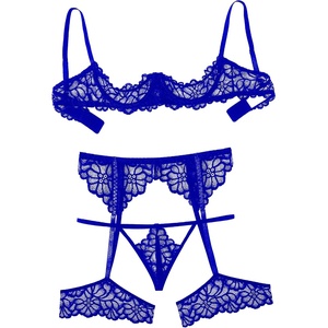 Avidlove Women Lingerie Sets with Garter Belt 3 Piece Lace Teddy Babydoll | 3 Piece Sexy Lace Lingerie Set Includes 1/4 Cup Underwire Bra Matching Garter Belt Thong,Perfect For Honeymoon(Blue)