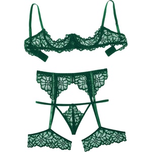 Avidlove Women Lingerie Sets with Garter Belt 3 Piece Lace Teddy Babydoll | 3 Piece Sexy Lace Lingerie Set Includes 1/4 Cup Underwire Bra Matching Garter Belt Thong,Perfect For Honeymoon(Green)