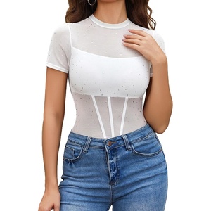 Avidlove Women Short Sleeve Bodysuit Mesh Sparkle Top One Piece Leotard | Sequins Sheer Mesh, Mock Neck, Double-layered, Snap Closure, Going Out Tops, Concert Outfits, Date Night or Night Out Top(White)
