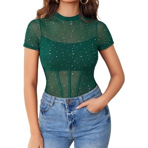Avidlove Women Short Sleeve Bodysuit Mesh Sparkle Top One Piece Leotard | Sequins Sheer Mesh, Mock Neck, Double-layered, Snap Closure, Going Out Tops, Concert Outfits, Date Night or Night Out Top(Green)