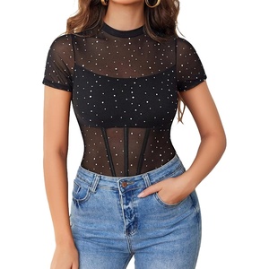 Avidlove Women Short Sleeve Bodysuit Mesh Sparkle Top One Piece Leotard | Sequins Sheer Mesh, Mock Neck, Double-layered, Snap Closure, Going Out Tops, Concert Outfits, Date Night or Night Out Top(Black)